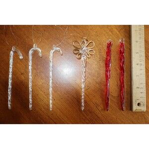 Lot 6 ~6" Christmas Ornaments Twisted Candy Cane Angel Clear Glass &Red Icicle